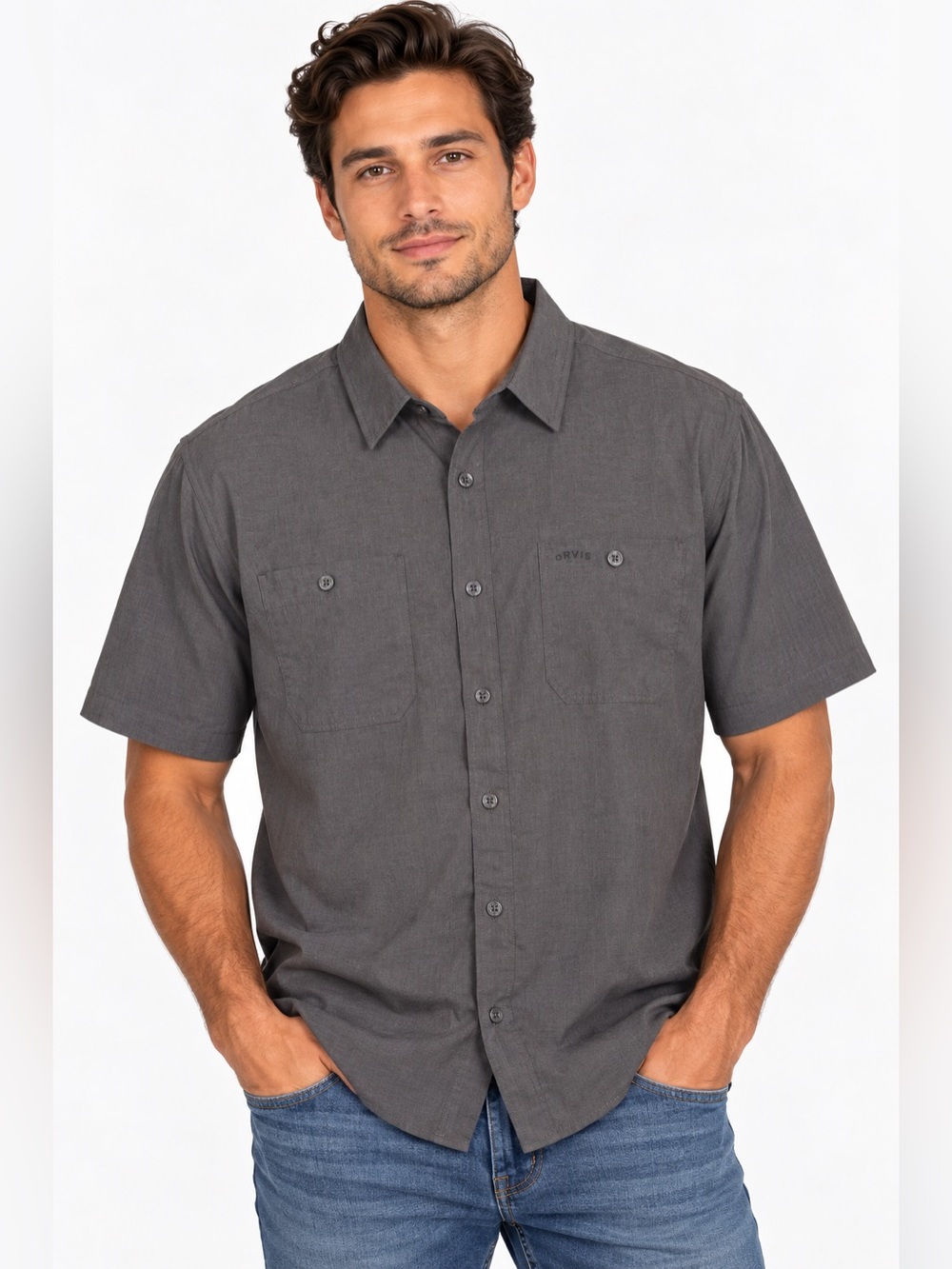 Orvis Men’s Gray Short Sleeve Button-Up Shirt – Size Medium